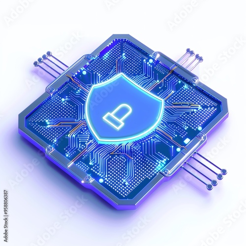 Obraz na płótnie Futuristic microchip with a digital security shield icon. Concept of cybersecurity, data protection, and advanced technology.