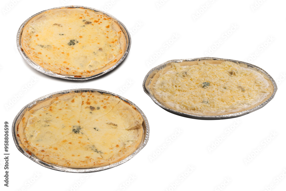 Four cheese pizza isolated on white background. Four cheese pizza isolated on white background.