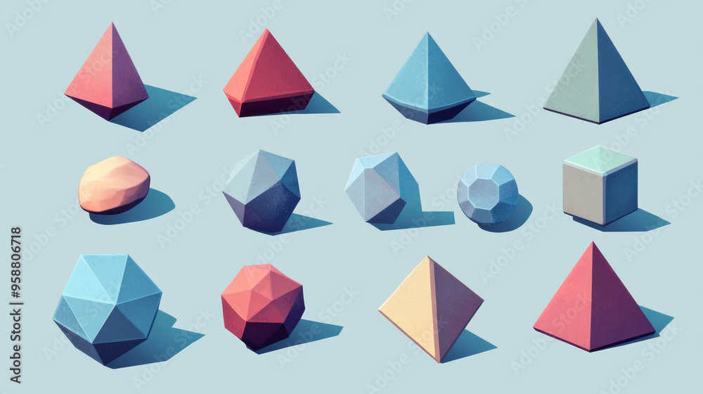 This is a set of simple 3D shapes, like cubes and pyramids. They're perfect for creating retro-style designs with a futuristic vibe. This is a set of simple 3D shapes, like cubes and pyramids. They're perfect for creating retro-style designs with a futuristic vibe.
