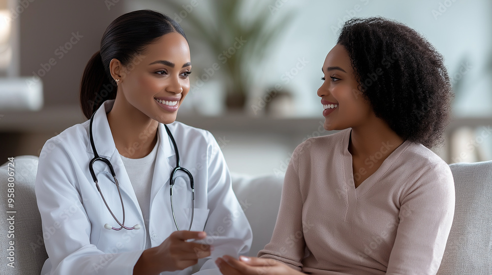 A professional medical consultation scene where a young doctor is attentively talking to a woman patient sitting on a couch, the doctorâs expression focused as they discuss her tre A professional medical consultation scene where a young doctor is attentively talking to a woman patient sitting on a couch, the doctorâs expression focused as they discuss her tre