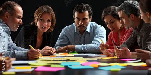 A diverse group of colleagues brainstorming around a conference table, using sticky notes.