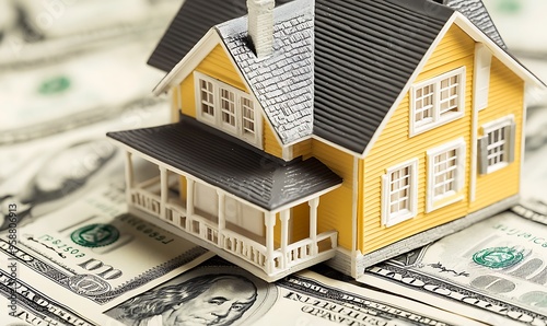 Yellow House Model on Stack of One Hundred Dollar Bills