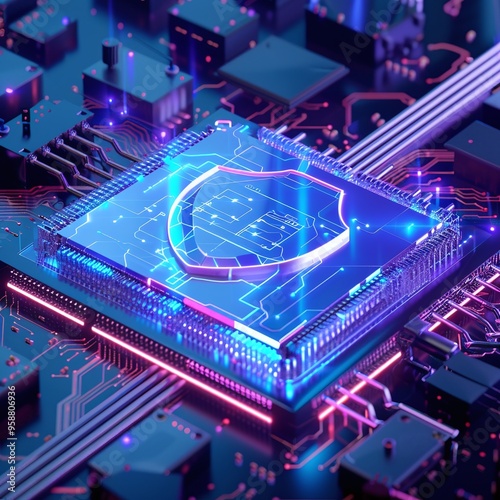 Futuristic microchip with neon lights and a glowing shield symbol representing cybersecurity and technology innovation. photo