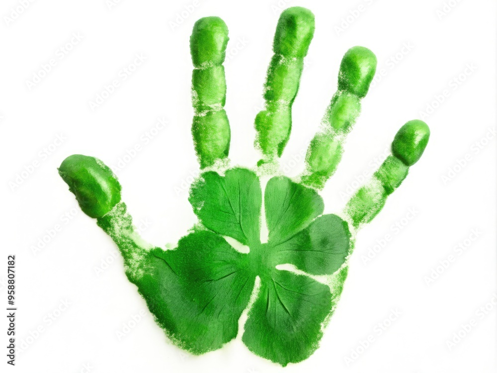 A Close-Up Of A Green Handprint Decorated With A Four-Leaf Clover Design A Close-Up Of A Green Handprint Decorated With A Four-Leaf Clover Design