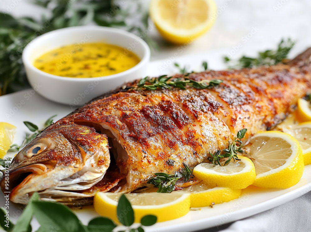 A large whole fish is on the white plate, surrounded by lemon slices and herbs. A large whole fish is on the white plate, surrounded by lemon slices and herbs.
