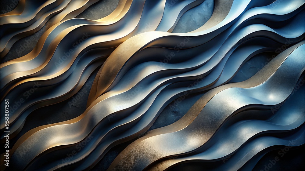 Abstract golden and blue waves flowing dynamically. This image captures light and shadow reflecting a futuristic and elegant design with soft gradients in a fluid pattern Abstract golden and blue waves flowing dynamically. This image captures light and shadow reflecting a futuristic and elegant design with soft gradients in a fluid pattern