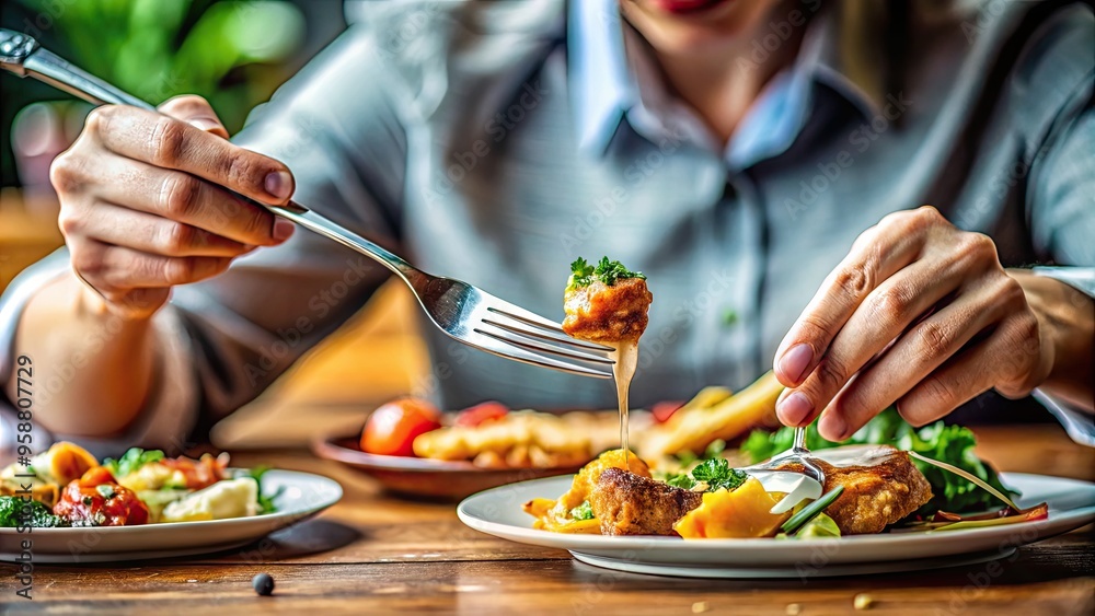 A close-up shot of a person's hand hesitantly holding a fork with a bite of unappetizing food, surrounded by a messy and uninviting table setting. A close-up shot of a person's hand hesitantly holding a fork with a bite of unappetizing food, surrounded by a messy and uninviting table setting.