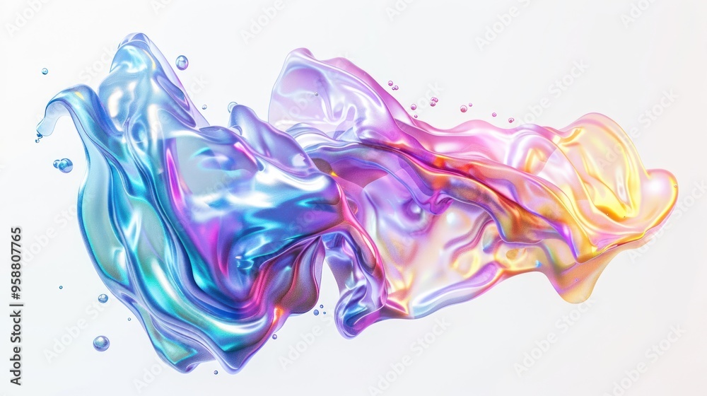 Naklejka premium Abstract fluid 3D render holographic iridescent neon curved wave in motion white background. Gradient design element for banners, backgrounds, wallpapers, and covers