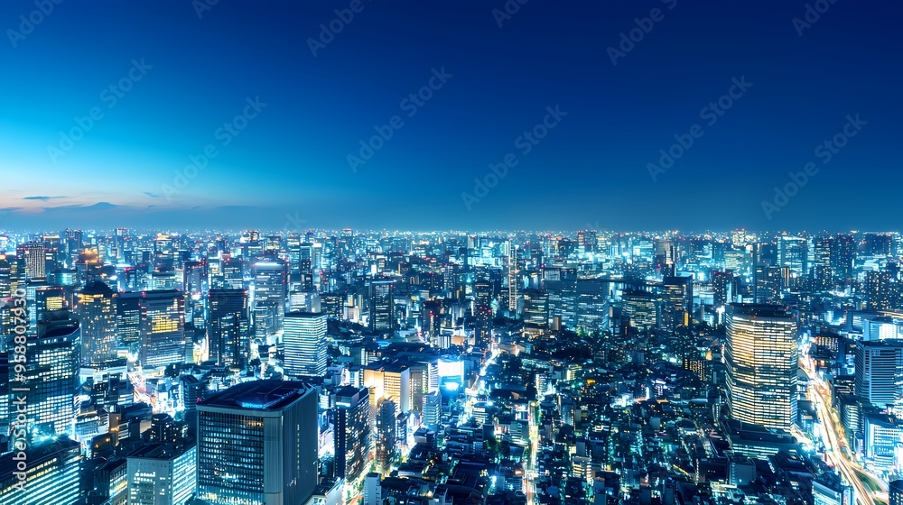 Obraz premium Stunning city skyline at dusk, showcasing vibrant lights and modern architecture.