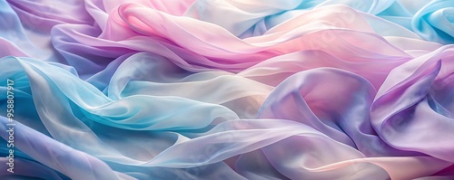 An image showing soft pastel colored fabric in a flowing wave pattern. The fabric features a delicate gradient of colors, including pink, blue, and purple, creating a soothing. photo