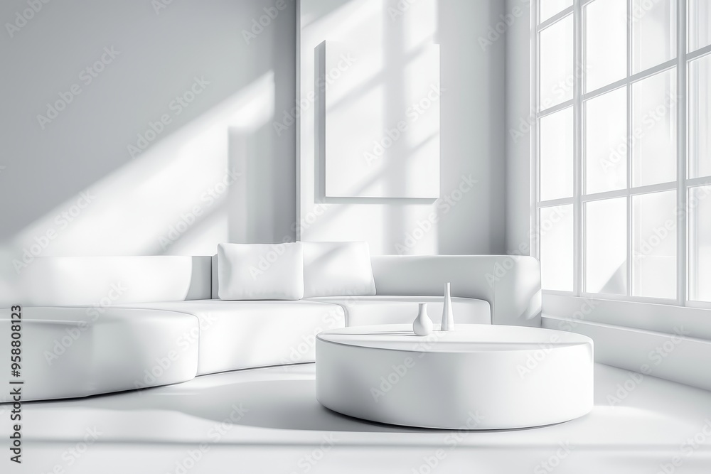 An open concept living room features a white minimalistic interior design with a sofa, coffee table, potted plants, and picture frames on the wall.