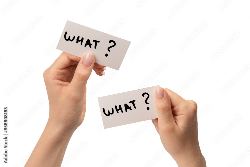 What text on a card in a woman hand isolated. What text on a card in a woman hand isolated.
