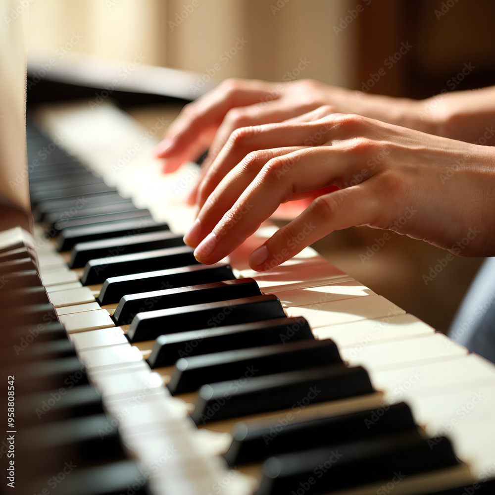 Fototapeta premium Hands elegantly playing a piano, fingers poised over the keys, with soft lighting and a glossy finish.