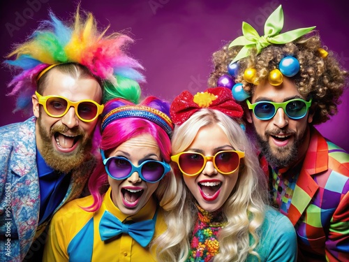 A colorful group of eccentric individuals with outrageous hairstyles, wacky accessories, and oversized sunglasses strike comical poses, showcasing their quirky personalities and offbeat charm. photo