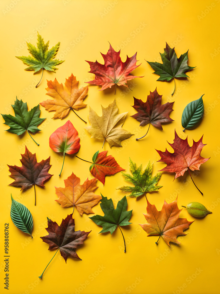 Fototapeta premium Autumn Foliage in Red, Blue, Yellow Tones, Nature Inspired Design, Artistic Pattern for Autumn Themed Creative Projects and Decor