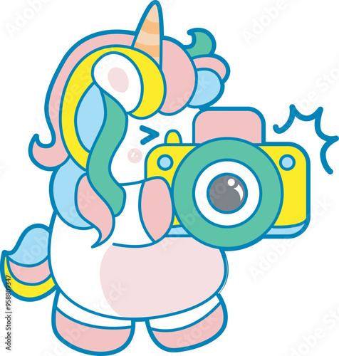 Illustration of cute unicorn activities icon.
Funny rainbow unicorn daily routine stickers.