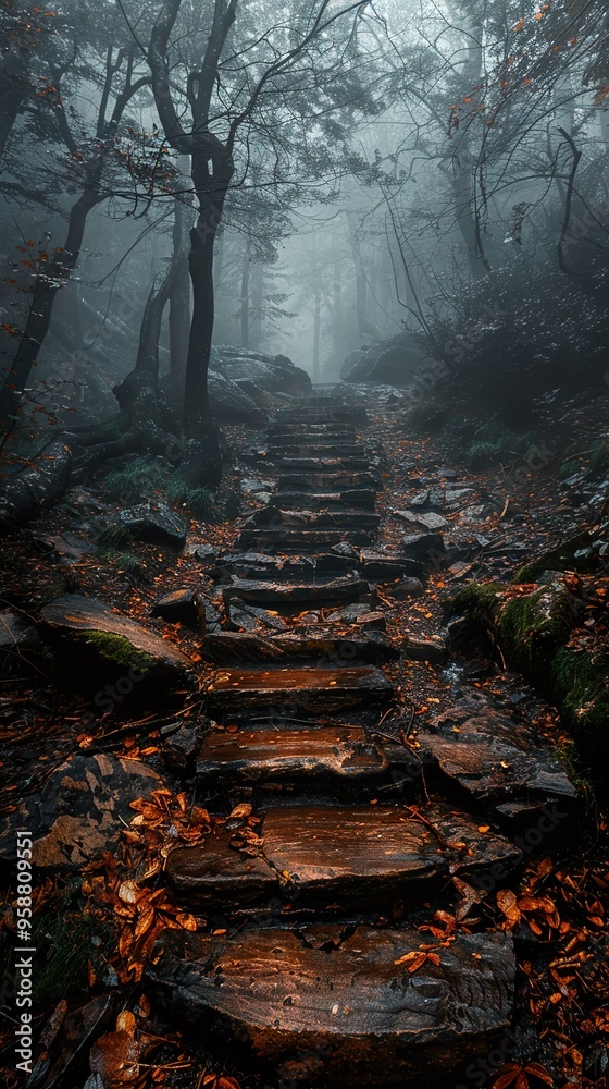 Stone steps leading up through a misty forest. Stone steps leading up through a misty forest.