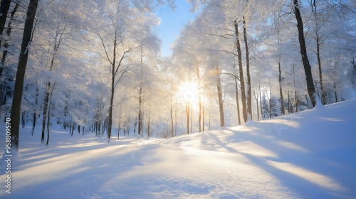 Peaceful winter forest landscape with snow-covered trees and sunlight streaming through, creating a tranquil and serene winter wonderland atmosphere.