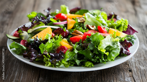 Beautifully Arranged Plate of Colorful Salads with Fresh Greens, Fruits, and Nuts on a Rustic Wooden Table, Highlighting Healthy Eating Habits and Nutritious Ingredients for Balanced Meals