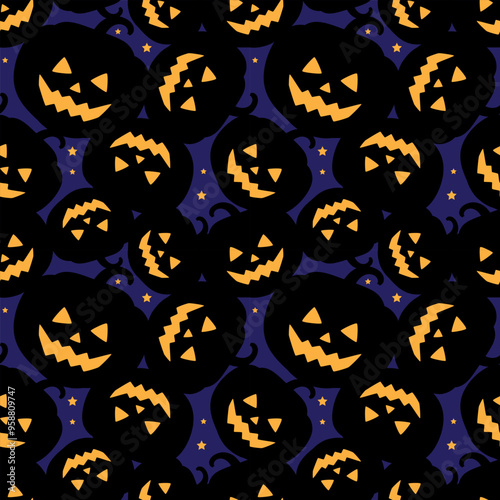 Black silhouettes of pumpkins on a dark blue night sky with stars. Seamless Halloween pattern, print, background, vector illustration
