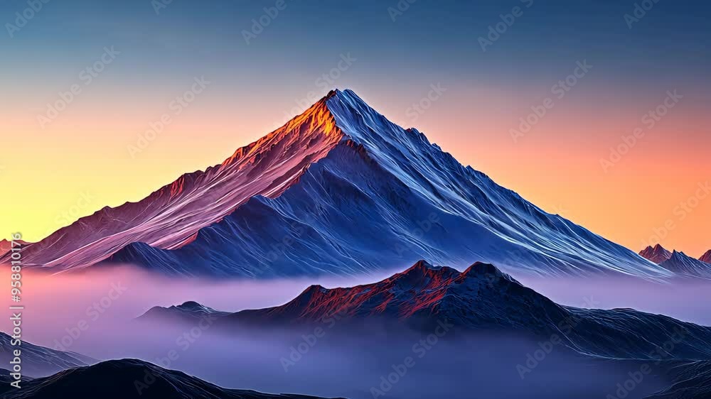 Clouds moving over mountain peak at sunset
