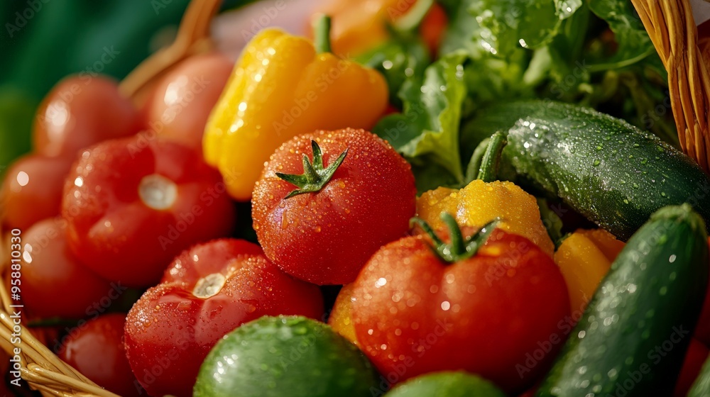 A basket filled with fresh and colorful vegetables including tomatoes, bell peppers, cucumbers, and leafy greens, perfect for healthy eating. A basket filled with fresh and colorful vegetables including tomatoes, bell peppers, cucumbers, and leafy greens, perfect for healthy eating.