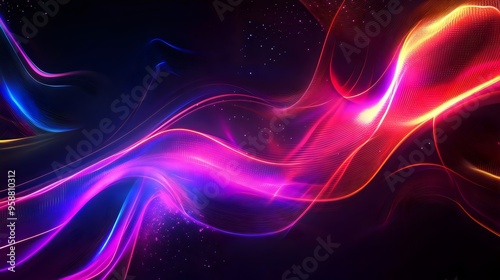 Abstract glowing neon waves on a dark background, representing futuristic and digital motion, ideal for technology, innovation, and modern design concepts.