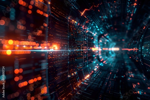 Wallpaper Mural dynamic futuristic digital landscape featuring streams of data, illuminated by vibrant orange and blue lights, suggesting a high-tech environment. Perfect for themes around data flow, digital network Torontodigital.ca