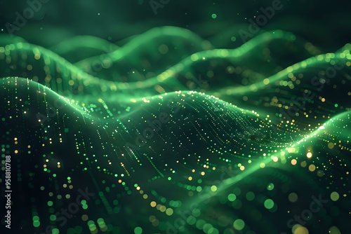 digital landscape of glowing green waves and dots, resembling a futuristic grid or network. This abstract scene evokes concepts of technology, data, and connectivity. Ideal for backgrounds