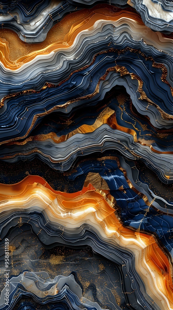 visually striking abstract texture resembling the natural layers of agate stone, featuring deep blues, warm oranges, and creamy whites. The layered design creates a dynamic flow, making it perfect for