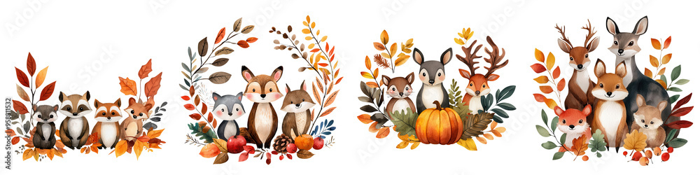 Charming woodland animals adorned with autumn leaves and pumpkins, perfect for seasonal decorations and nature-themed designs. Charming woodland animals adorned with autumn leaves and pumpkins, perfect for seasonal decorations and nature-themed designs.