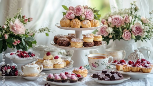 Wallpaper Mural A refined tea setup featuring a variety of pastries, chocolate treats, and a floral teapot, accompanied by pink roses in a serene setting. Torontodigital.ca