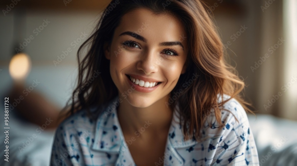 Beautiful Smiling Young Woman in Pajamas at home Beautiful Smiling Young Woman in Pajamas at home