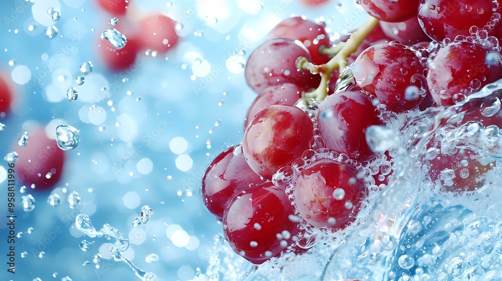 A vibrant close-up of fresh grapes submerged in water, with droplets and splashes creating a refreshing and dynamic effect. Ideal for food photography, healthy eating, and beverage-related A vibrant close-up of fresh grapes submerged in water, with droplets and splashes creating a refreshing and dynamic effect. Ideal for food photography, healthy eating, and beverage-related