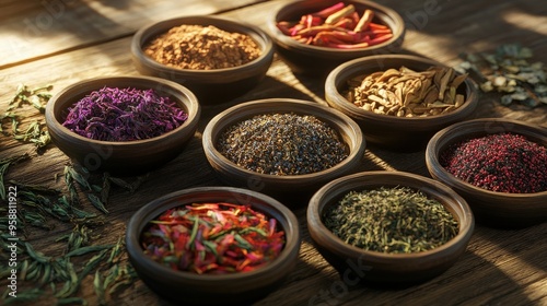 An array of vibrant teas and spices is beautifully arranged in wooden bowls on a rustic table, enhancing the warm atmosphere of the kitchen with their rich colors and textures