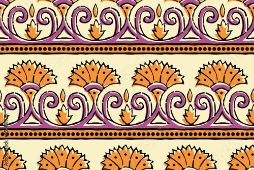 SPRIG FLORAL WITH SEAMLESS BORDER AJRAKH PATTERN AND BLOCK PRINT PATTERN BATIK PRINT BACKGROUND DIGITAL PRINTING TEXTILE PATTERN