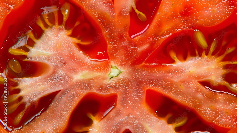 A macro close-up of the inside of a ripe tomato, showcasing its vibrant colors and intricate textures. Perfect for food photography, culinary projects, and healthy eating themes. A macro close-up of the inside of a ripe tomato, showcasing its vibrant colors and intricate textures. Perfect for food photography, culinary projects, and healthy eating themes.