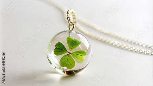 A delicate, transparent glass charm in the shape of a rare three-leaf clover, suspended from a slender chain, against a soft, creamy white background. photo