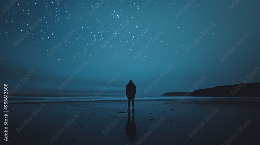Silhouette of a person at night gazing at the starry sky over a tranquil beach. Silhouette of a person at night gazing at the starry sky over a tranquil beach.