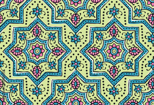 ARABESQUE TILE PATTERN AJRAKH PATTERN AND BLOCK PRINT BATIK PRINT BACKGROUND DIGITAL PRINTING TEXTILE PATTERN