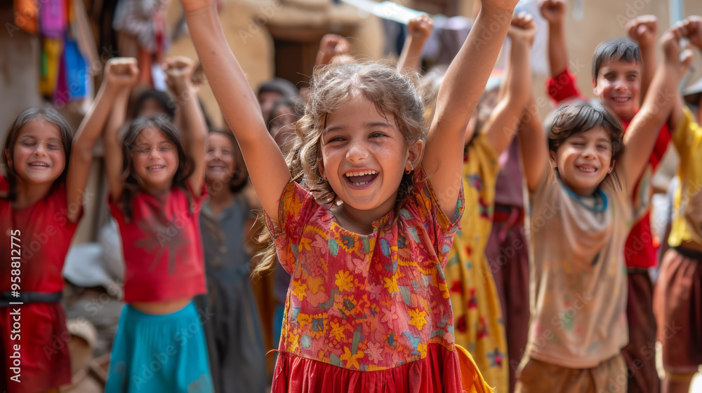 Fototapeta premium Children celebrate victory, dancing,