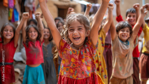 Children celebrate victory, dancing,