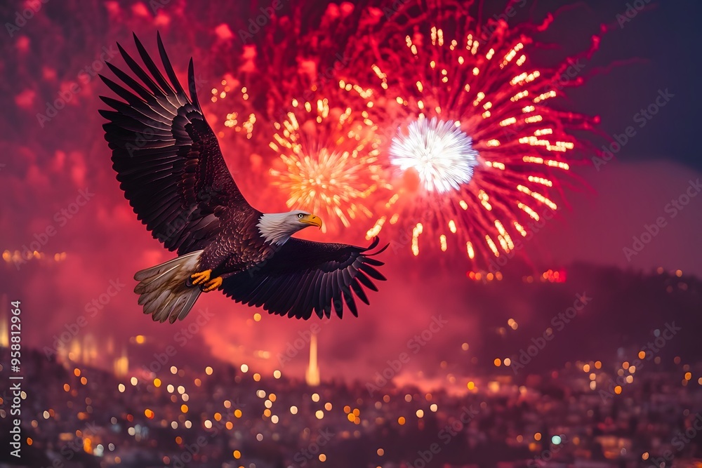 Fototapeta premium A majestic bald eagle soars through the night sky, silhouetted against a vibrant display of fireworks.