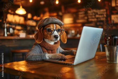 Beagle in glasses and a flat cap, typing on a laptop in a cozy coffee shop setting, freelancer vibe photo