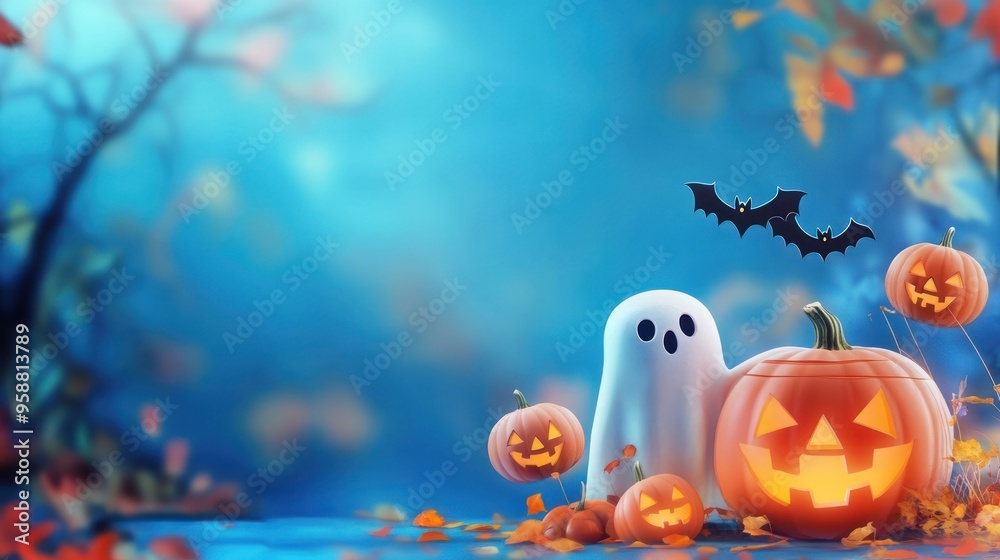 Ghost and pumpkins with bats in foggy forest for Halloween Ghost and pumpkins with bats in foggy forest for Halloween