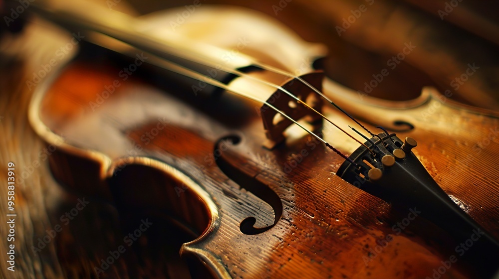Fototapeta premium Close-up of a vintage violin with a warm, golden hue, showcasing the intricate details of its craftsmanship.