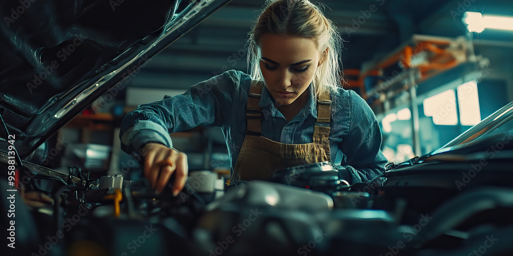 Rugged female mechanic in overalls, inspecting car engine under hood Rugged female mechanic in overalls, inspecting car engine under hood