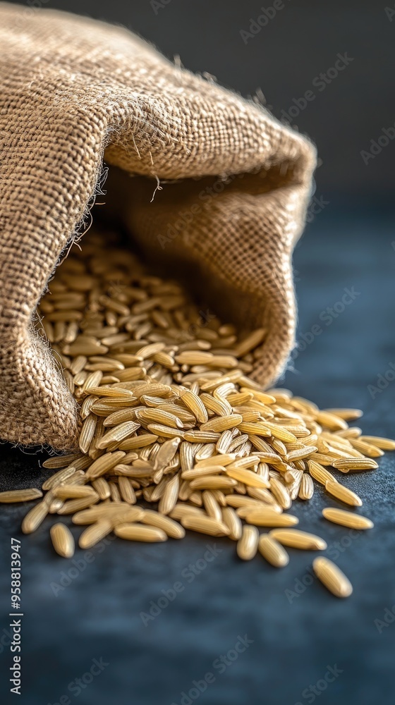 A jute bag overflows with white rice, while stacked coins sit ...