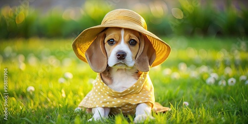 Adorable beagle puppy wearing a bright yellow sundress and matching hat, sitting on a patch of green grass, looking directly at the camera with big brown eyes. photo