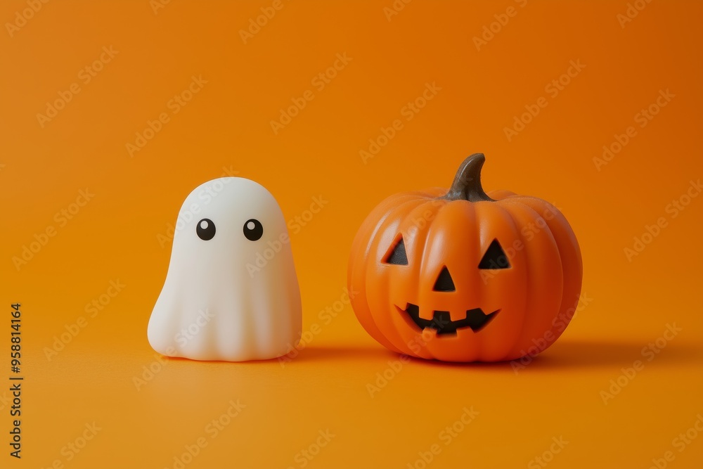 A cute ghost and a pumpkin on a pastel orange background, in a minimalist style A cute ghost and a pumpkin on a pastel orange background, in a minimalist style